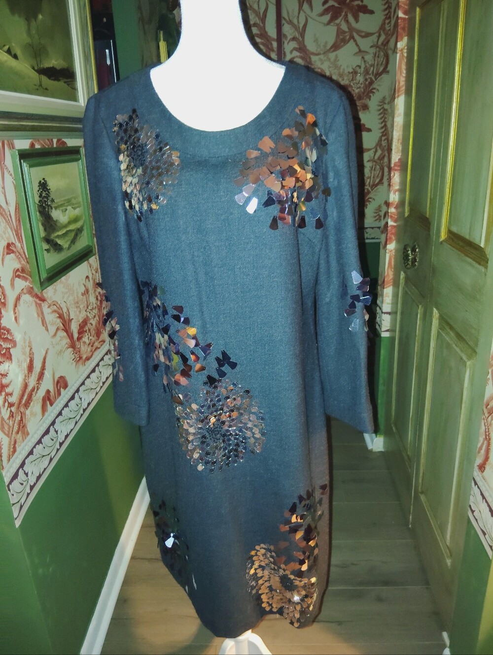 New $495 Tory Burch Spangled Sequin Gray Wool Dress Sz 10